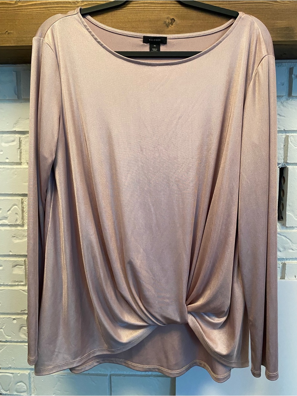 Halogen Twist Front Blouse Women’s Medium Pink Shimmer Long Sleeve Stretch Top